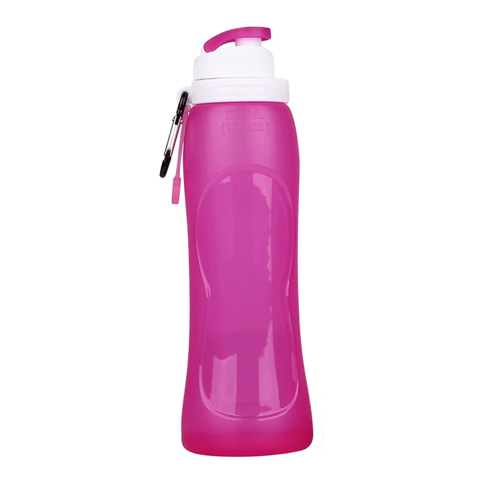 Pink 500ml Silicone Foldable Water Bottle for Travel - SF3484 with leakproof lid and carabiner clip, perfect for camping and sports.